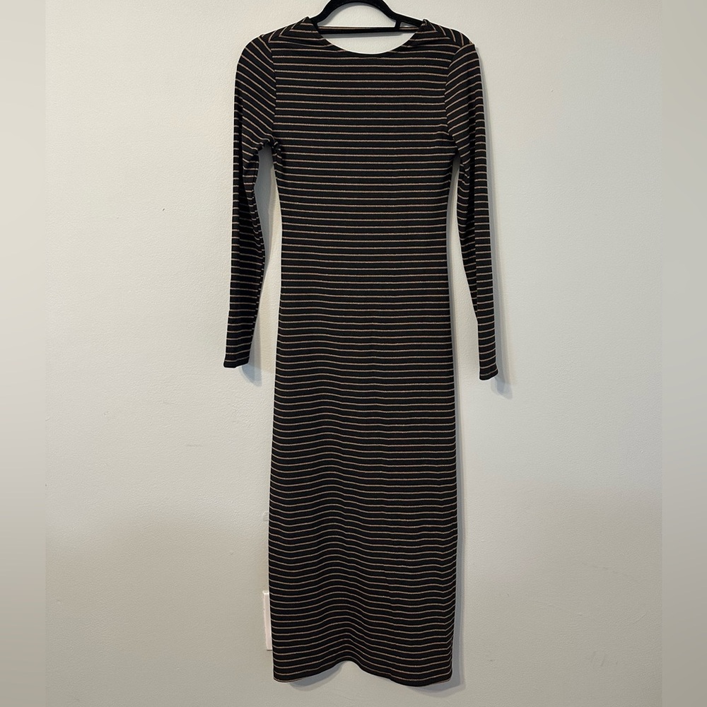 Mango Black Dress with Tan Stripes — Long Sleeve Midi